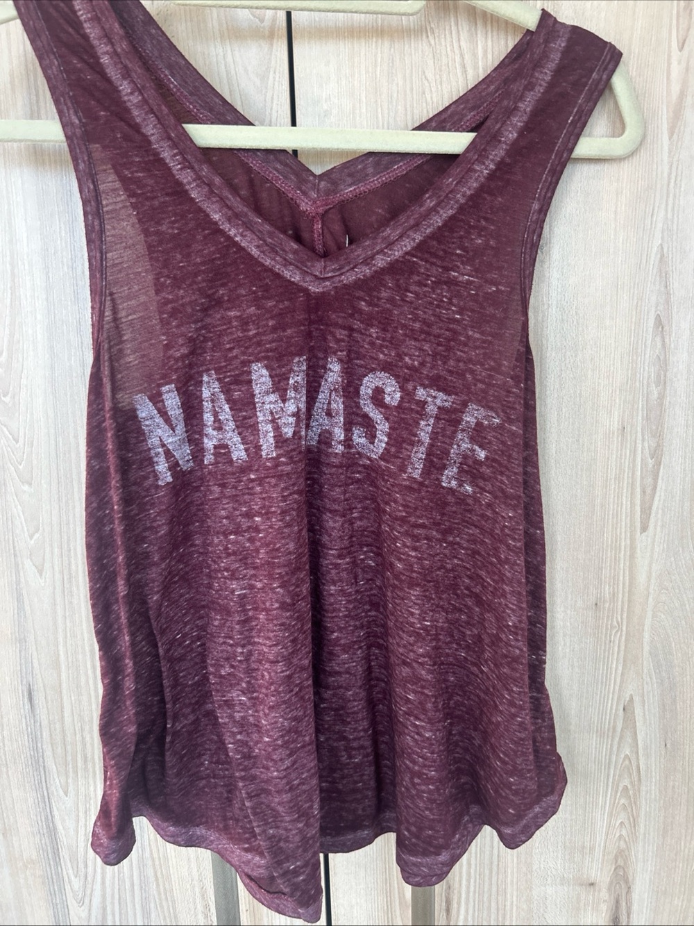 LOL Vintage Namaste V‑Neck Tank Top Size S Heathered Burgundy Lightweight Yoga - Picture 6 of 6